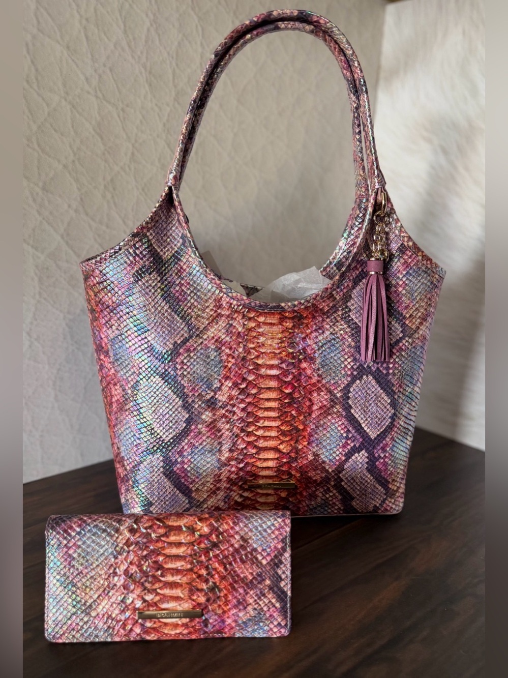 SET Brahmin Melora Dewberry Ametrine Leather Tote & Ady Wallet NWT IRIDESCENT
